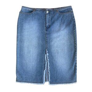 OPD Denim Jean Midi Skirt with Frayed Hemline Size 9